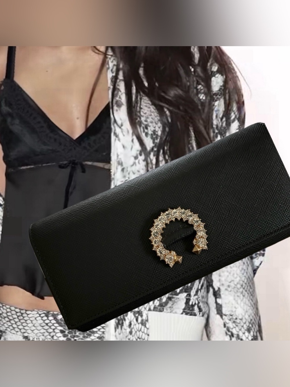 Black Saffiano Leather Women's Clutch with Gold Crystal Accent w/ gold chain.